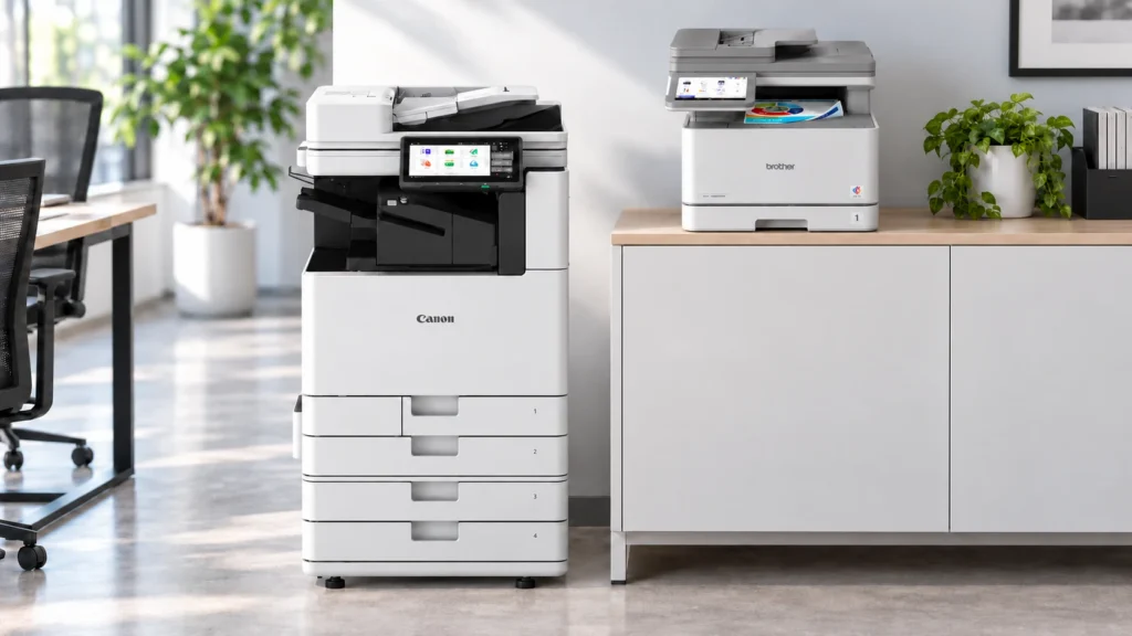 A3-Multifunktionssystem Canon imageFORCE C3126 mit vier Papierkassetten neben dem kompakten A4-Multifunktionsgerät Brother MFC-L8970CDW auf einem Sideboard