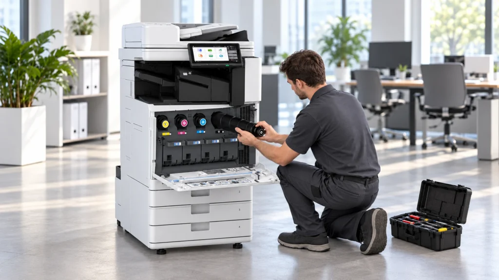 Servicetechniker kniet vor einem Canon imageFORCE C3126 mit geöffneter Frontklappe und setzt eine schwarze Tonerflasche ein, daneben ein Servicekoffer