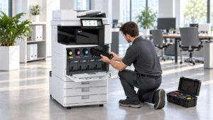 Servicetechniker kniet vor einem Canon imageFORCE C3126 mit geöffneter Frontklappe und setzt eine schwarze Tonerflasche ein, daneben ein Servicekoffer